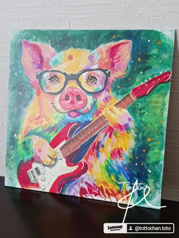 インテリアアート　動物シリーズ　豚さん　アクリル画　プレゼント　フレーム付き