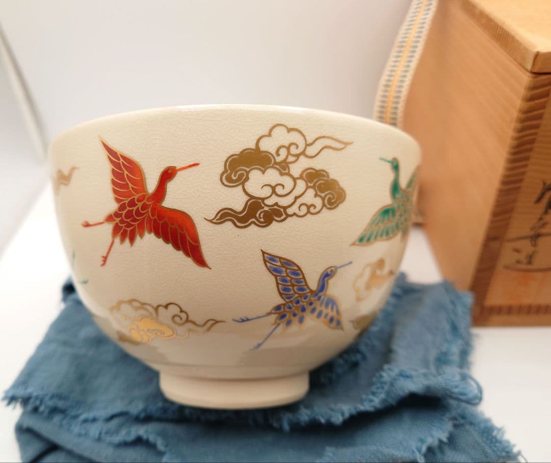 鈴木清安 色絵瑞鳥文 茶碗 共箱付 京焼
