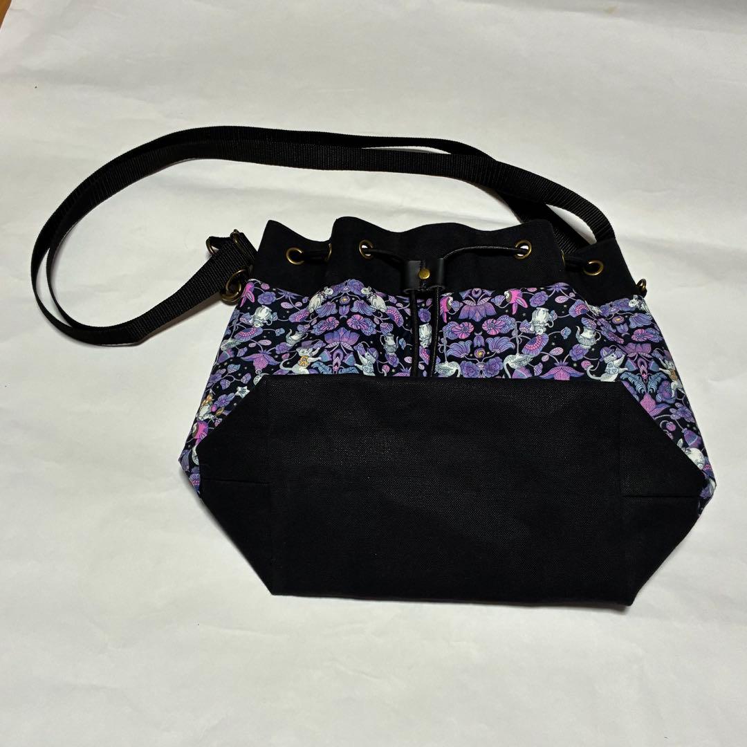 ジョリーフルール　ハンドメイド　ショルダー　巾着　鞄　バッグ　紫　黒
