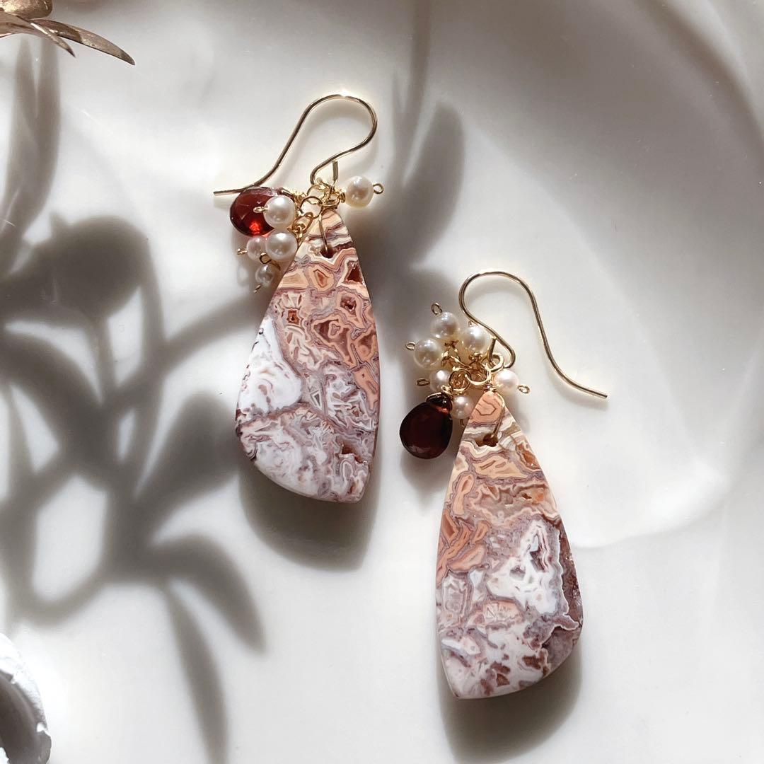 tama◆一点物✧ピンククレージーレースアゲート×ガーネットピアス