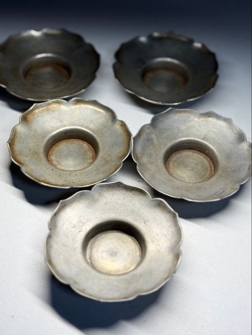 煎茶道具 「乾隆年製」錫製 茶托5客 時代品