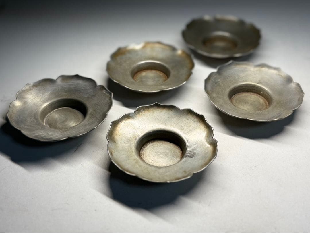 煎茶道具 「乾隆年製」錫製 茶托5客 時代品