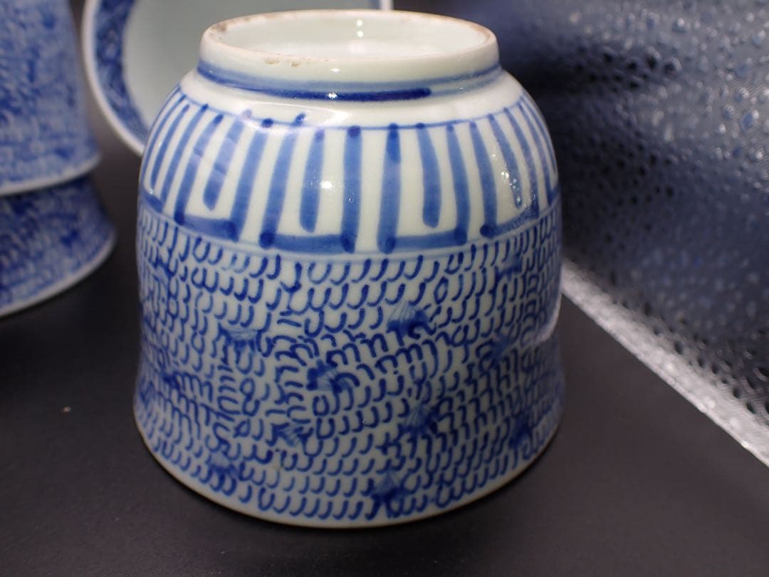 【完品】古伊万里 <みじん唐草>5客セット そば猪口 幕末 骨董品(青5)