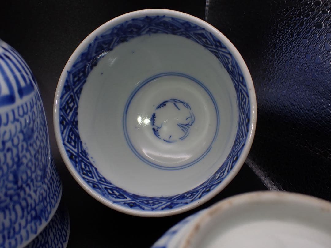 【完品】古伊万里 <みじん唐草>5客セット そば猪口 幕末 骨董品(青5)