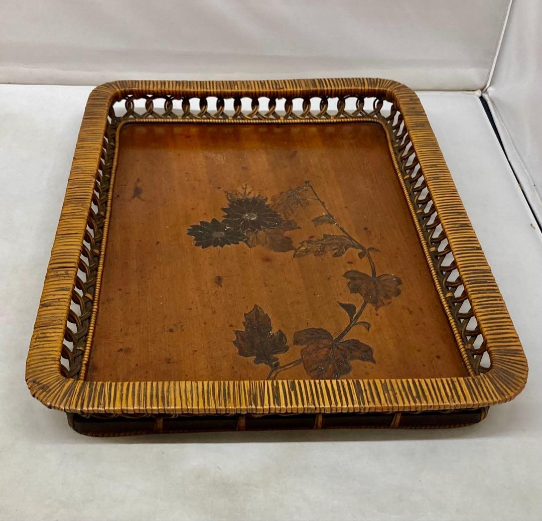 B591b「花図 茶盆」 作者不詳　朱漆塗箱付　茶道具　骨董