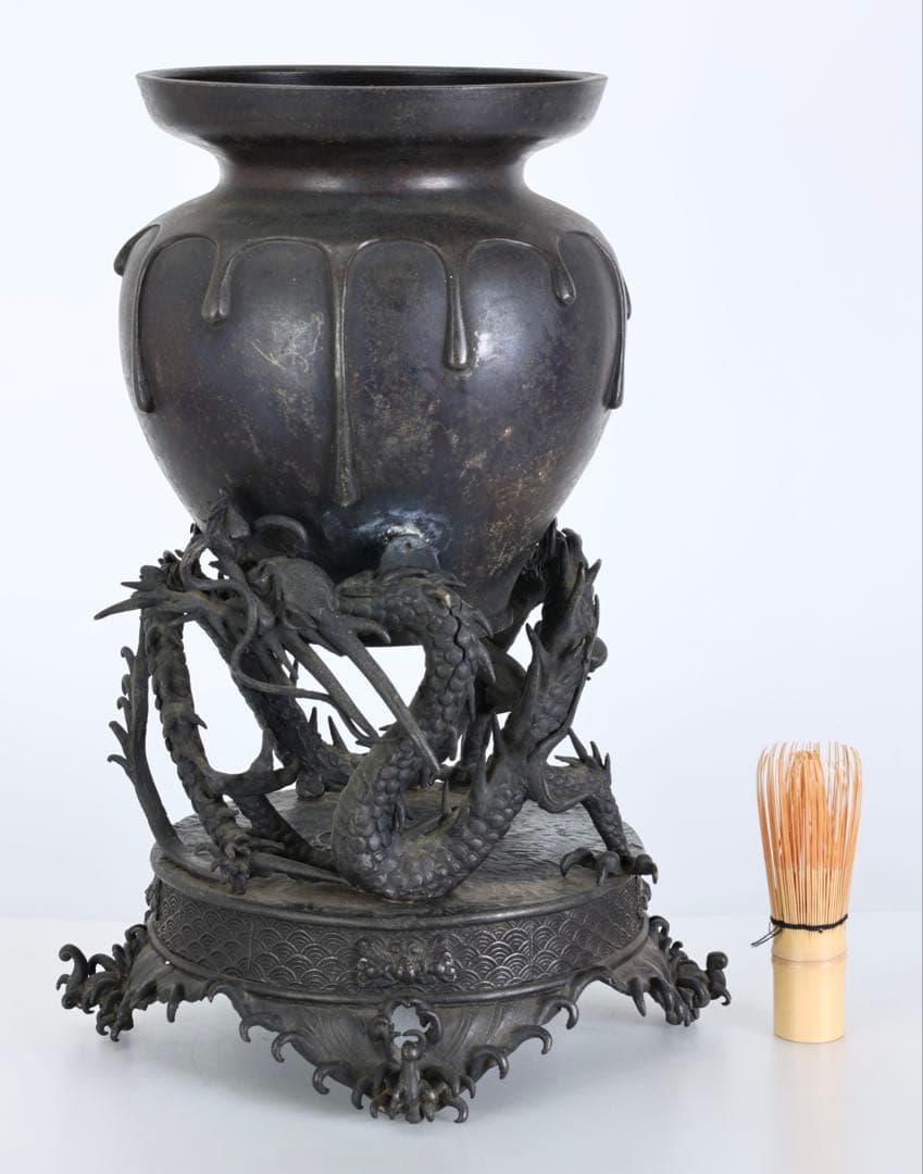 蝋型鋳銅 龍台付壺 高さ38cm 銅製 花器 花瓶 飾壺 古銅 古美術 骨董品