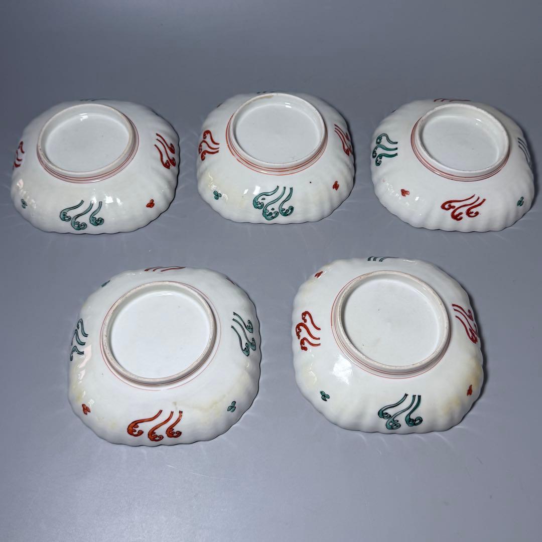 古伊万里　色絵　金蘭手　白鷺文様　梅文様　菊花四角形　膾皿　5個　器を楽しむ