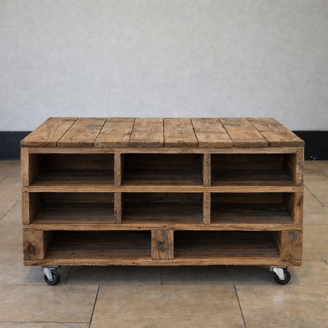 ローテーブル キャスター付き 収納棚 コーヒーテーブル　　無垢材　無塗装品