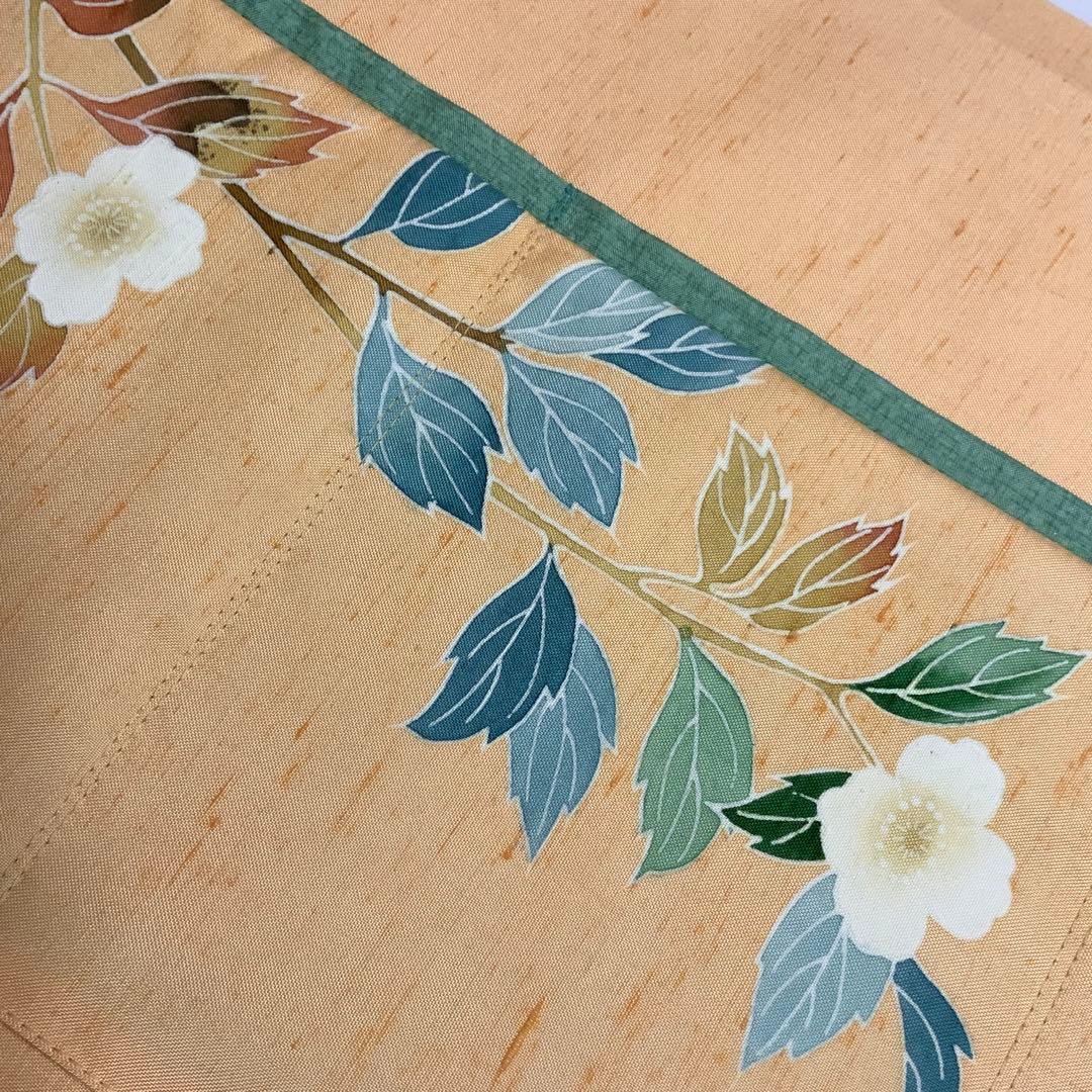 大島紬　秋名バラ青入り12玉　胡桃皮ハンドルバッグ　裏地お花柄の紬