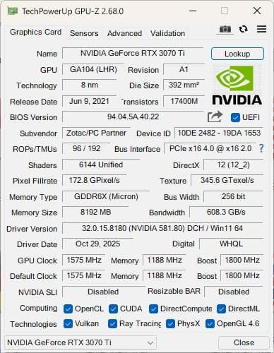 グラフィックボード・グラボ・ビデオカード ZOTAC GeForce RTX 3070 Ti Trinity OC