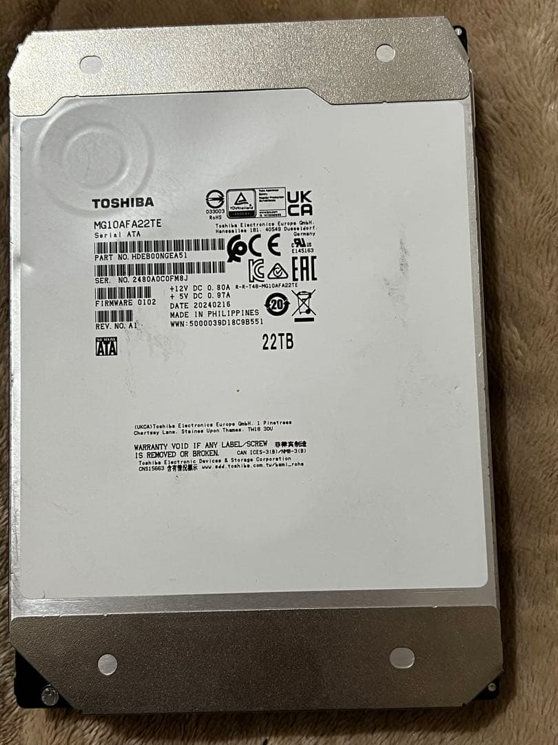 ジャンク　TOSHIBA MG10AFA22TE 22TB 内蔵型ハードディスク