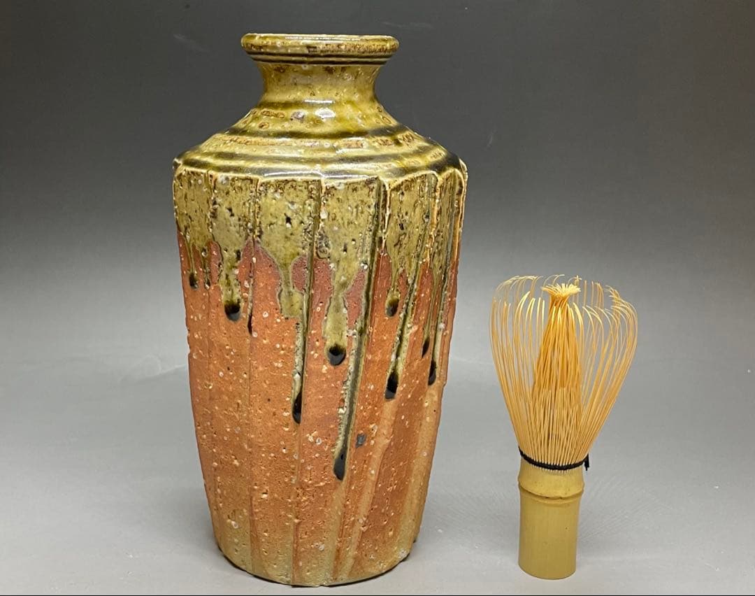 信楽焼　高橋楽斎　灰釉流し　面取花入　共箱　s5152