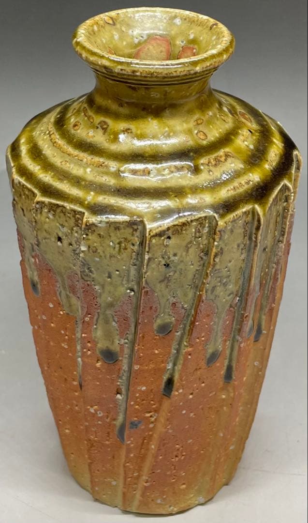 信楽焼　高橋楽斎　灰釉流し　面取花入　共箱　s5152