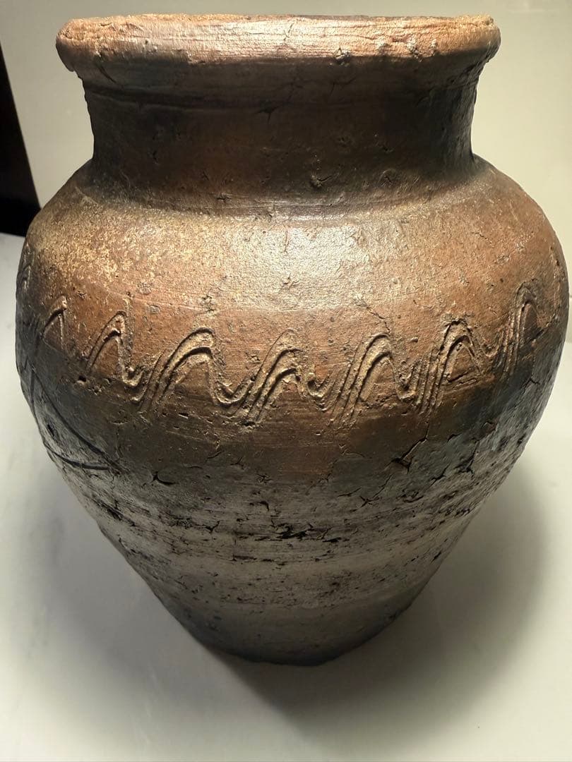 古陶風 波状文 焼締壺 高23cm 花器 古備前風