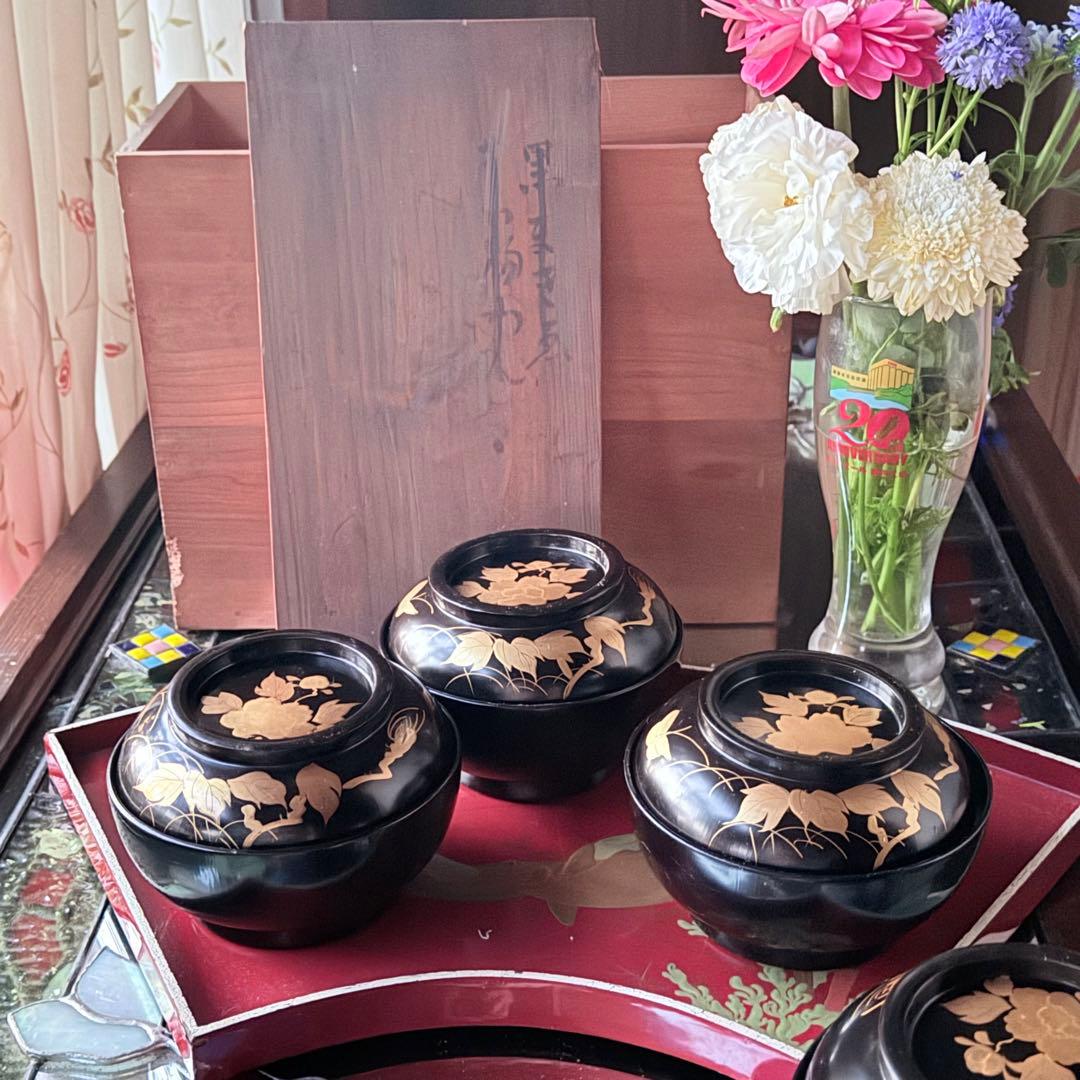 A様へ感謝お嫁入り‼️JAPAN最強運時代蒔絵牡丹&蝶真塗たっぷり菓子椀5客と木箱