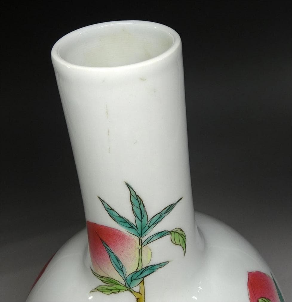 中国古玩 粉彩 桃漢詩文 景徳鎮製 花瓶 高約28.5cm f031107