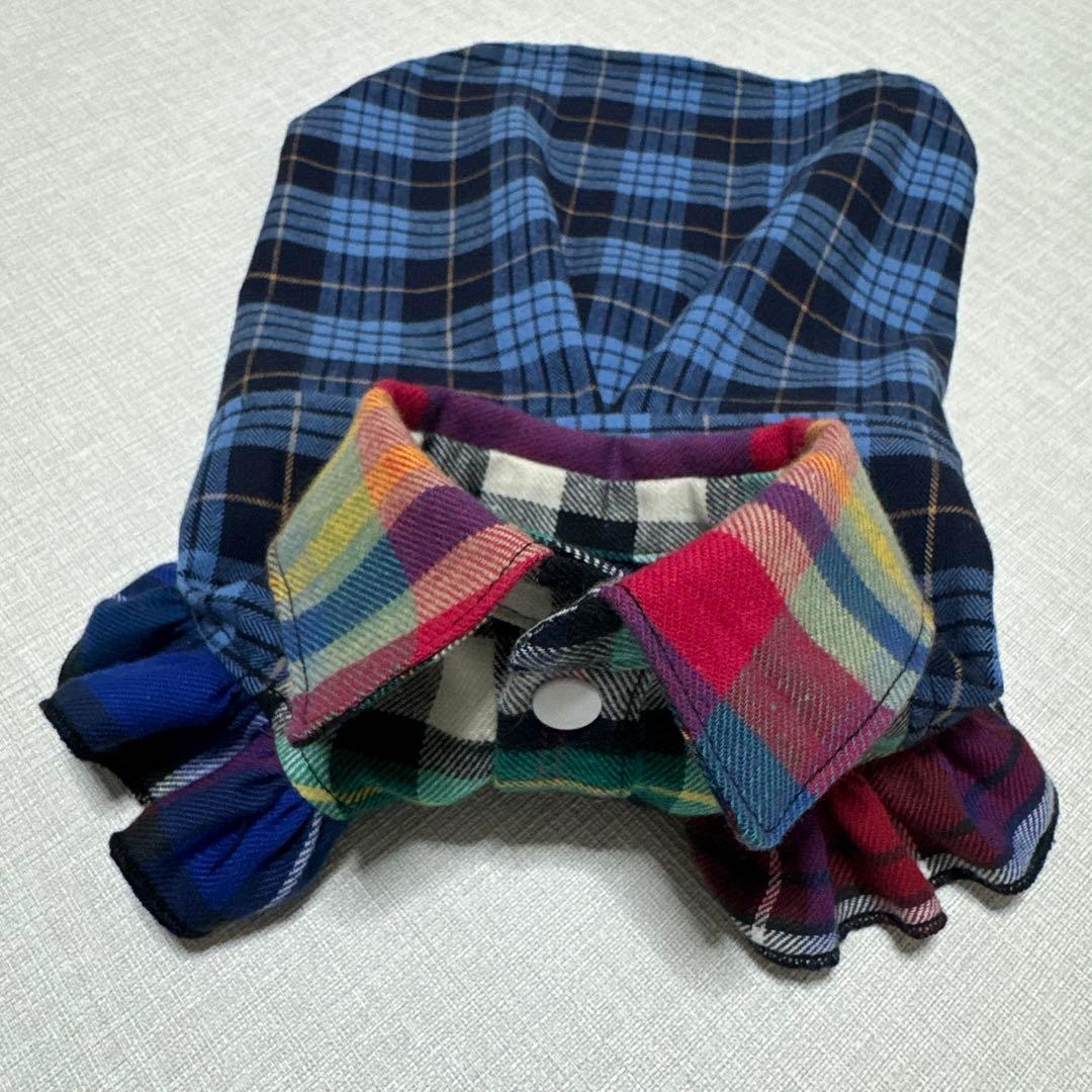 ハンドメイド　犬服チェック4段フリル付きワンピース