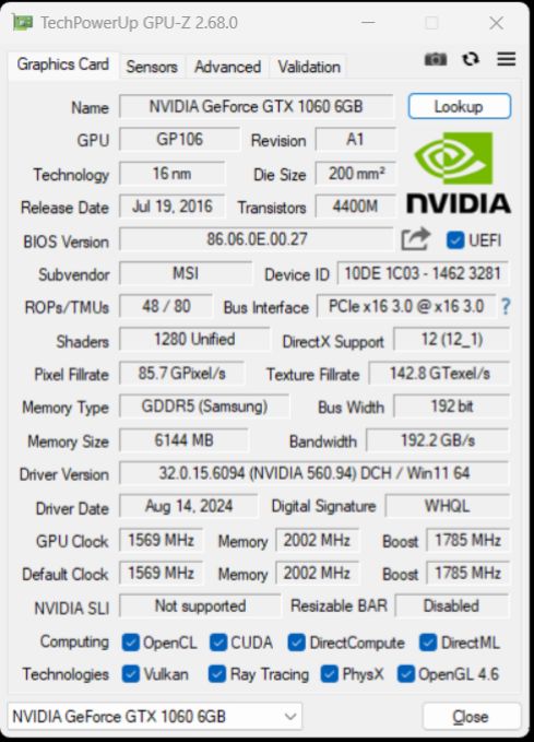 グラフィックボード・グラボ・ビデオカード GeForce GTX 1060 GAMING X 6G MSI