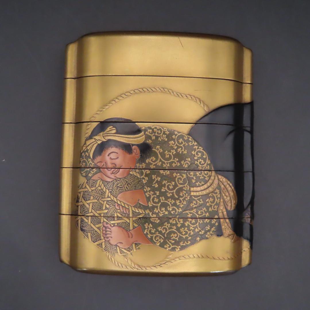 牧童と牛図蒔絵印籠（根付　唐子とひょっとこ面）