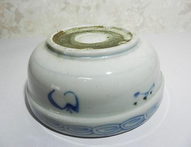 古伊万里染付「柳に帆掛舟図、渦巻蝙蝠文」小鉢３客（平均　Ｄ１６ｃｍ、Ｗ６００ｇ）