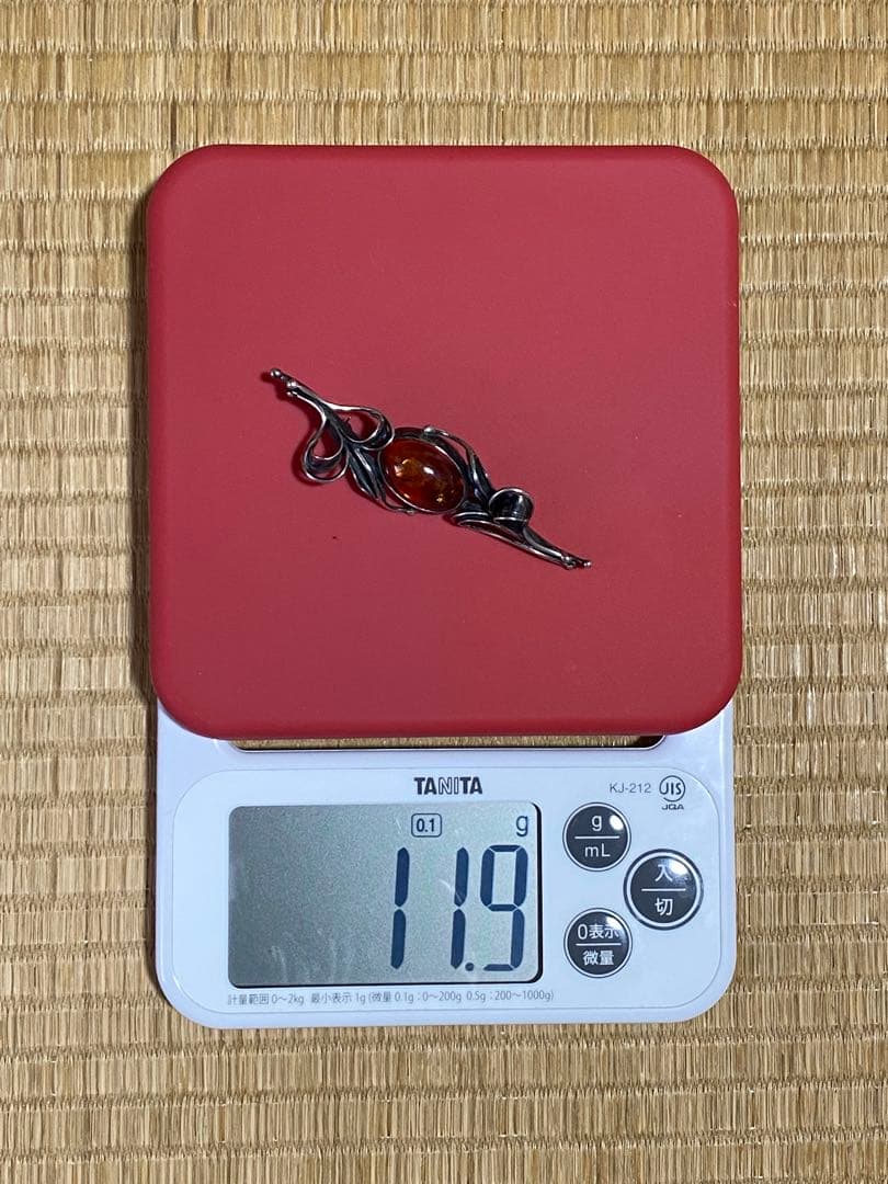 ♦西洋アンティーク シルバー925 琥珀付き花形ブローチ 宝飾品 ジュエリー