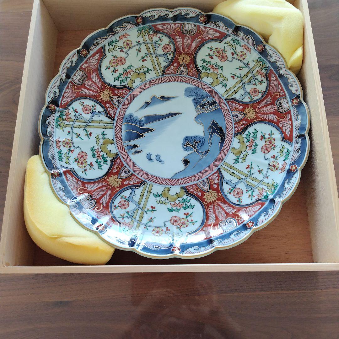 肥前の器青赤花柄波型皿