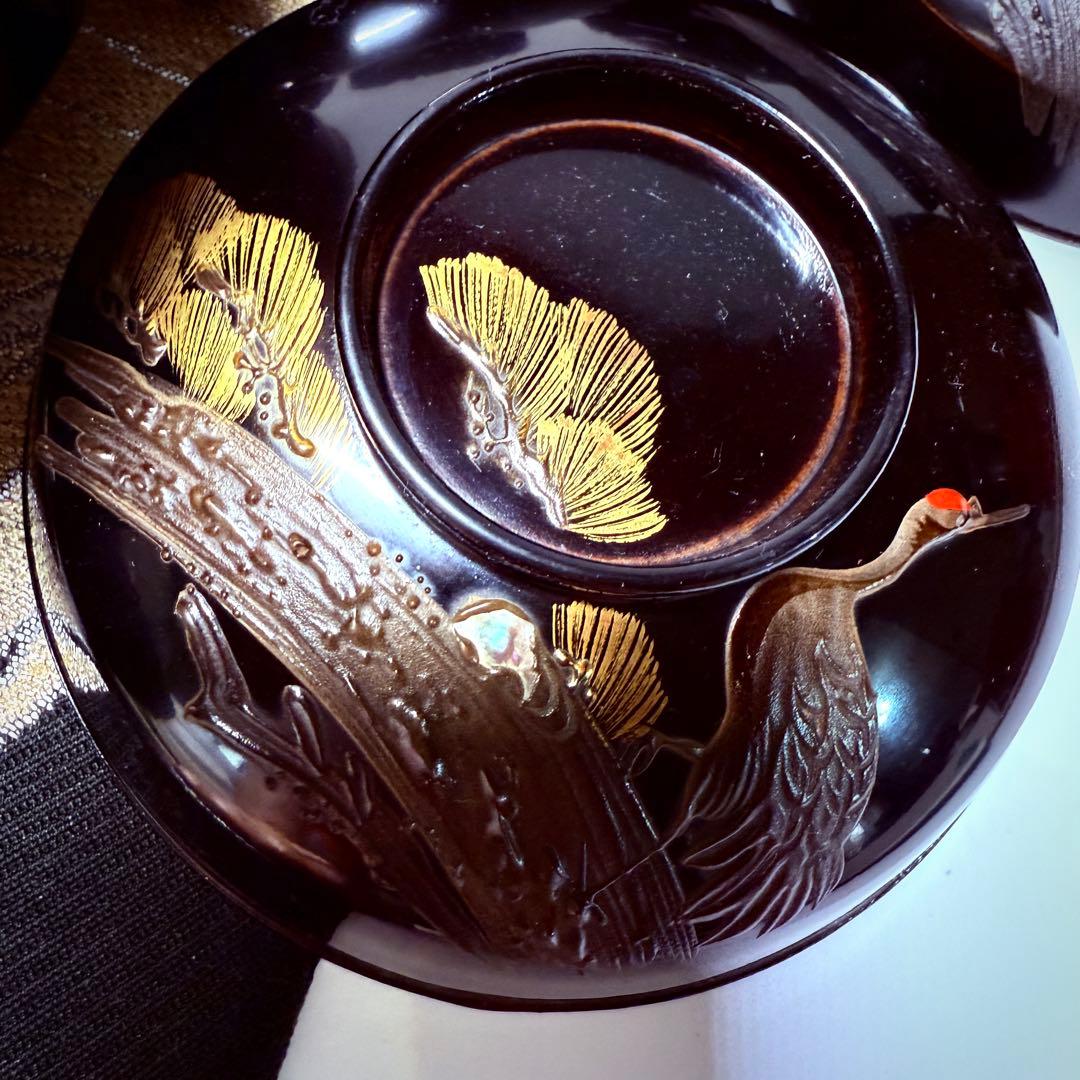 漆器　輪島塗　沈金　螺鈿　松鶴文　木製　蓋付椀　お煮物椀　吸物椀　10客　骨董
