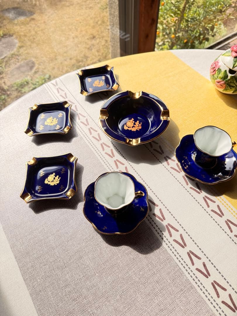 リモージュ 2客セット コバルトブルー 金彩 ティーセット 小物入れ