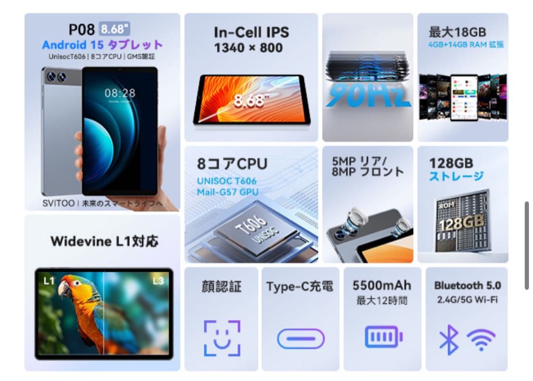 タブレット8.7インチ Android 15 18GB+128GB+1TB