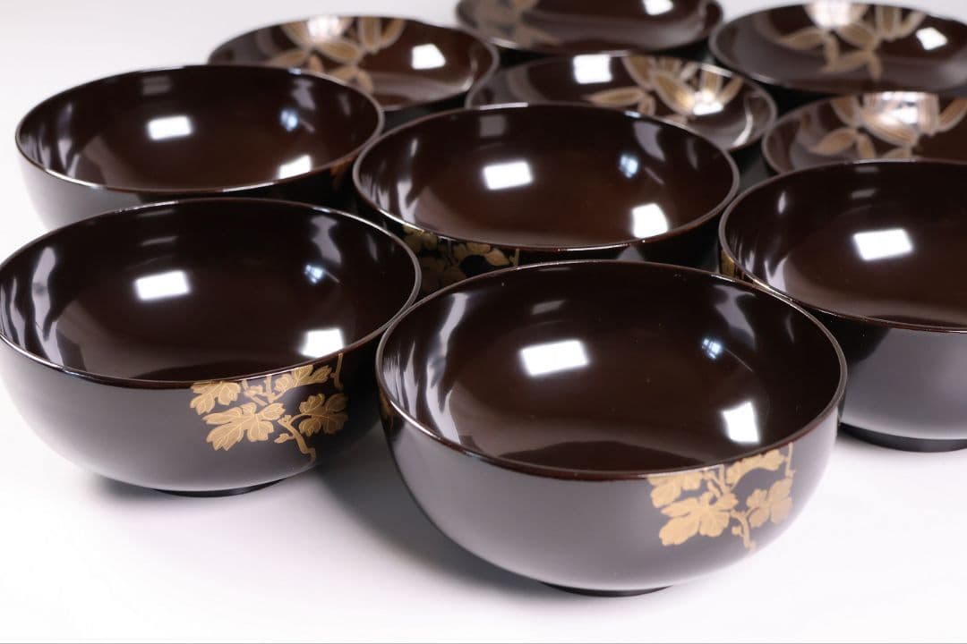 【CM434】天然木漆塗 菊金蒔絵 笹 黒塗椀五客 大正昭和 / (検)輪島加賀