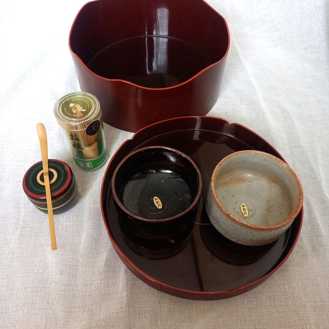 茶道具セット 茶櫃直径28cm　茶碗2客　茶筅　棗など
