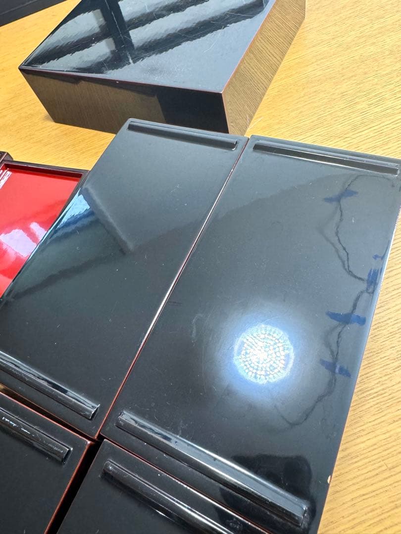 木製漆器　多目的重箱　中皿4枚付　溜お好み重箱　共箱　美品