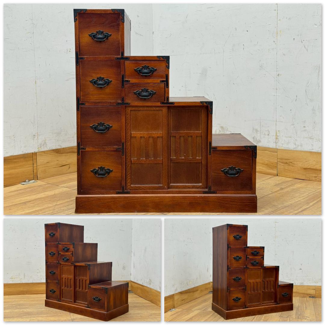 T1617☆階段箪笥　和箪笥　時代箪笥　古家具　昭和レトロ　両面　小引出　収納