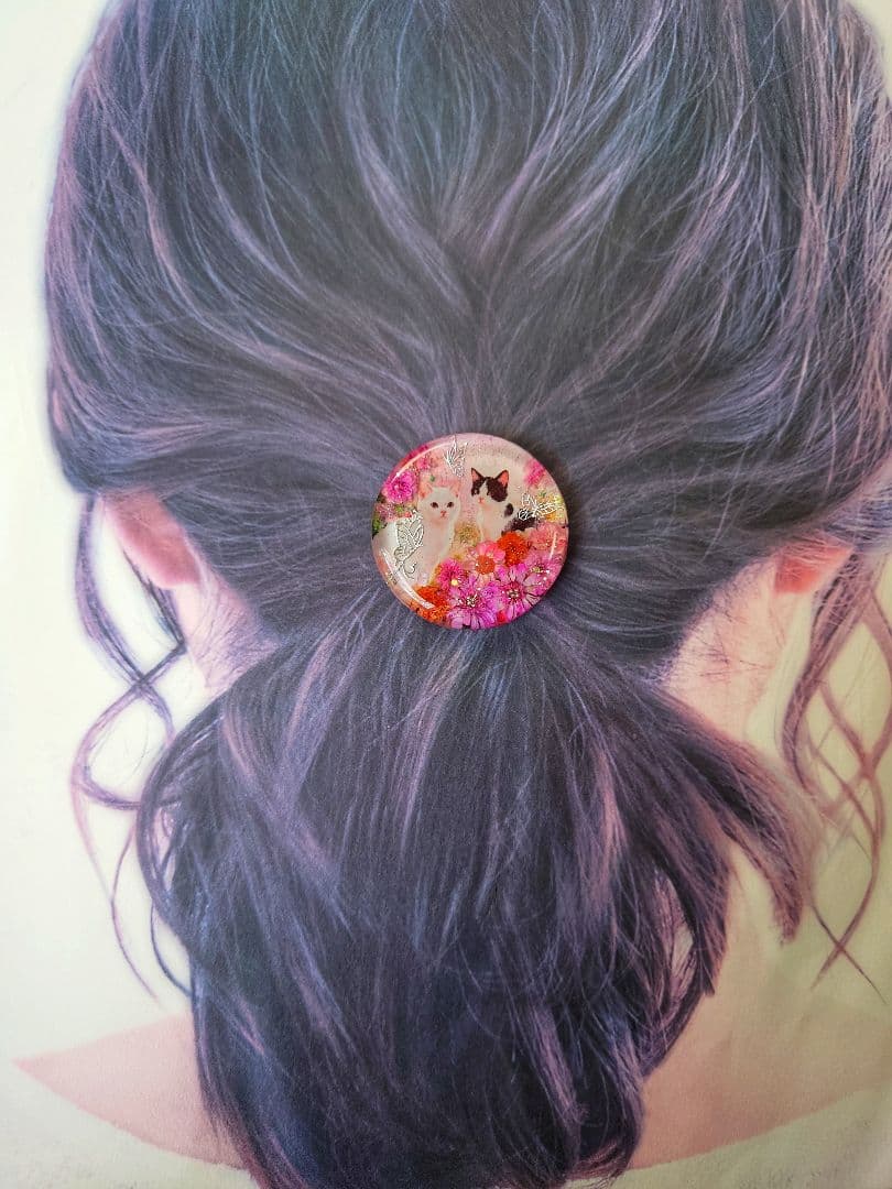 レジン　猫　ヘアゴム　ブローチ　ポニーフック　No.484