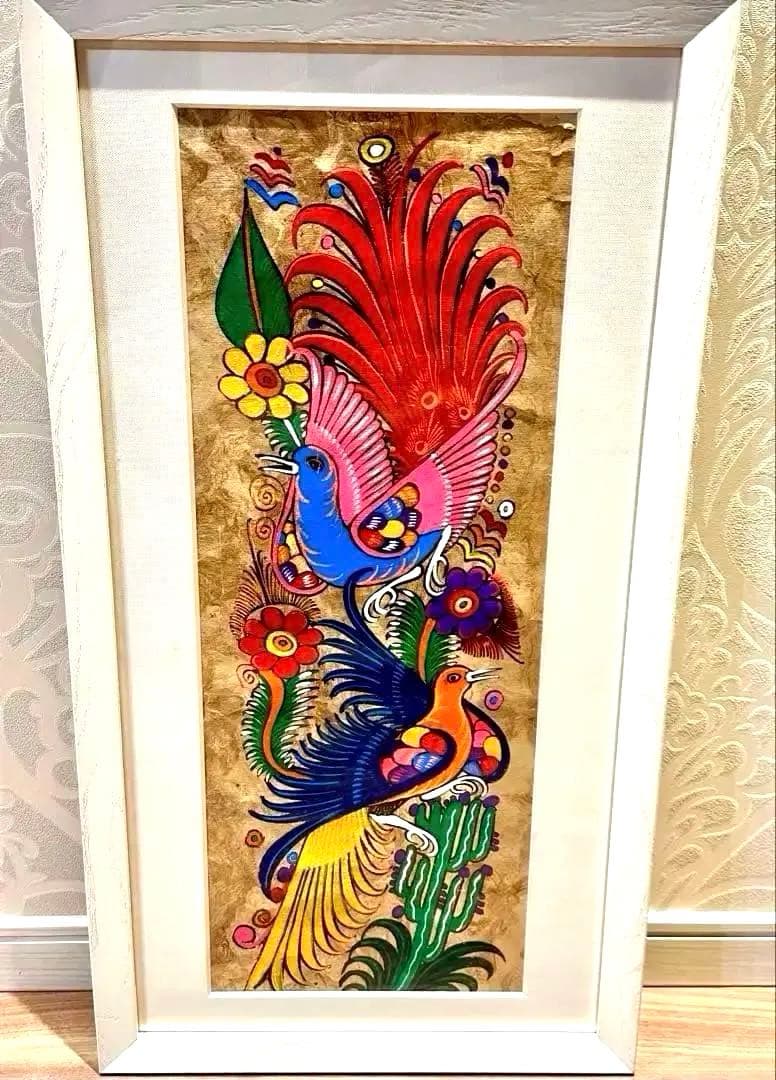 メキシコ　工芸品　民芸品　色鮮やか　鳥と花　絵画　アート　ハンドメイド　【額付】