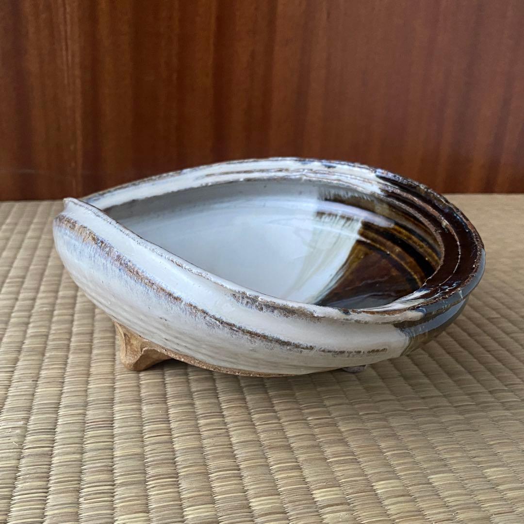 美品 未使用 唐津焼 岡本作礼造 【朝鮮唐津】 鮑型 脚付鉢 大鉢 共箱