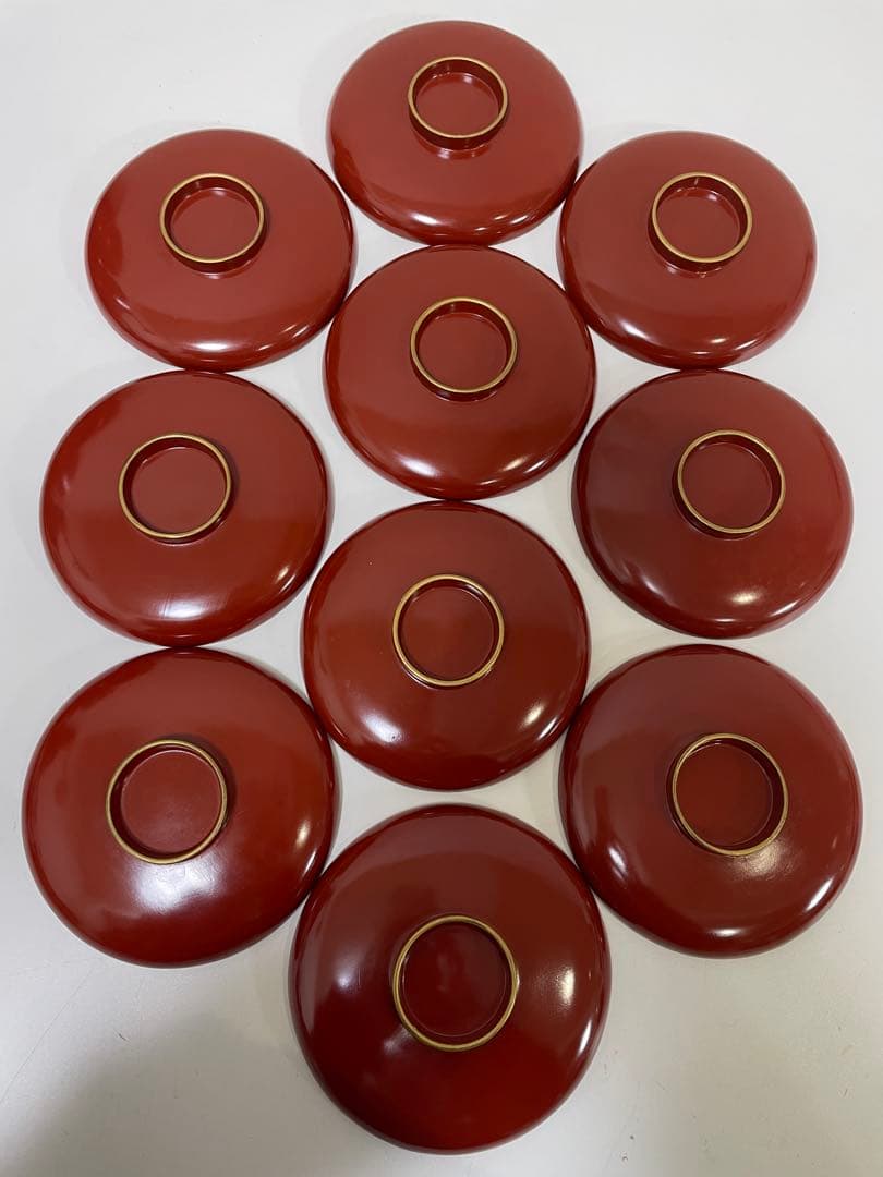 【現状品】漆器 輪島塗 金彩 朱塗 底黒塗 蓋付き椀 割烹 煮物椀 10個 ①