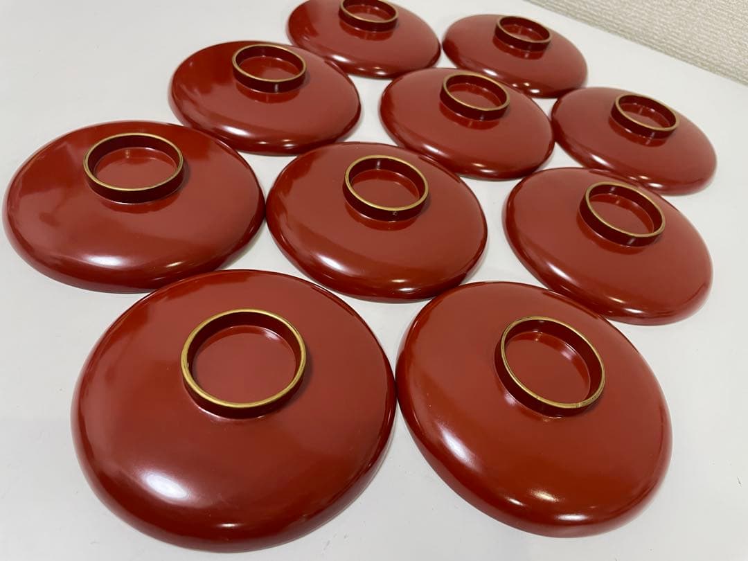 【現状品】漆器 輪島塗 金彩 朱塗 底黒塗 蓋付き椀 割烹 煮物椀 10個 ①