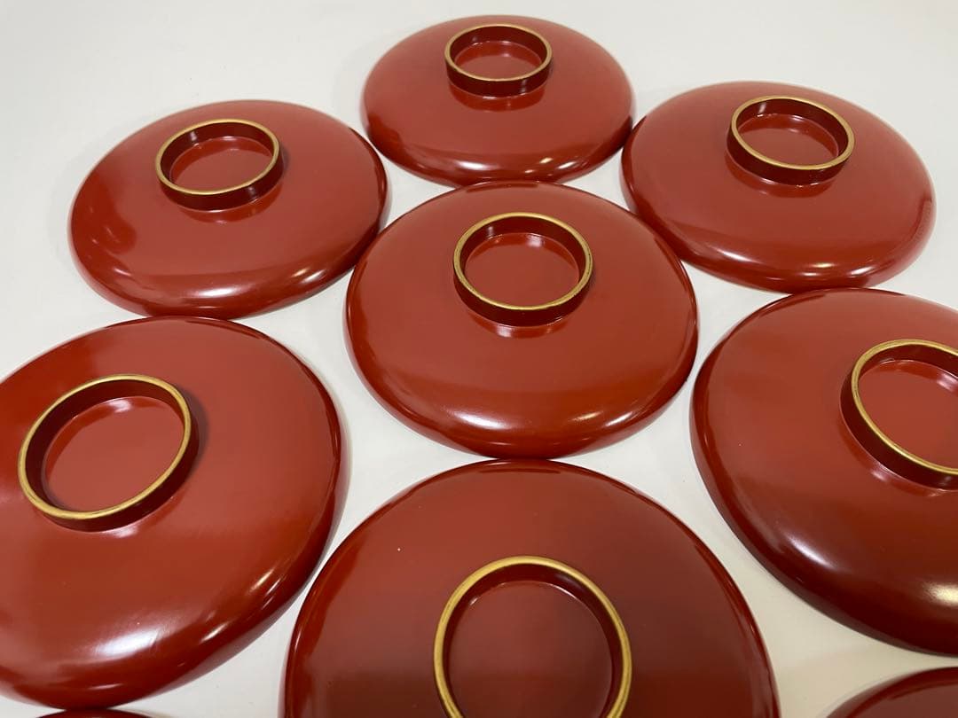 【現状品】漆器 輪島塗 金彩 朱塗 底黒塗 蓋付き椀 割烹 煮物椀 10個 ①