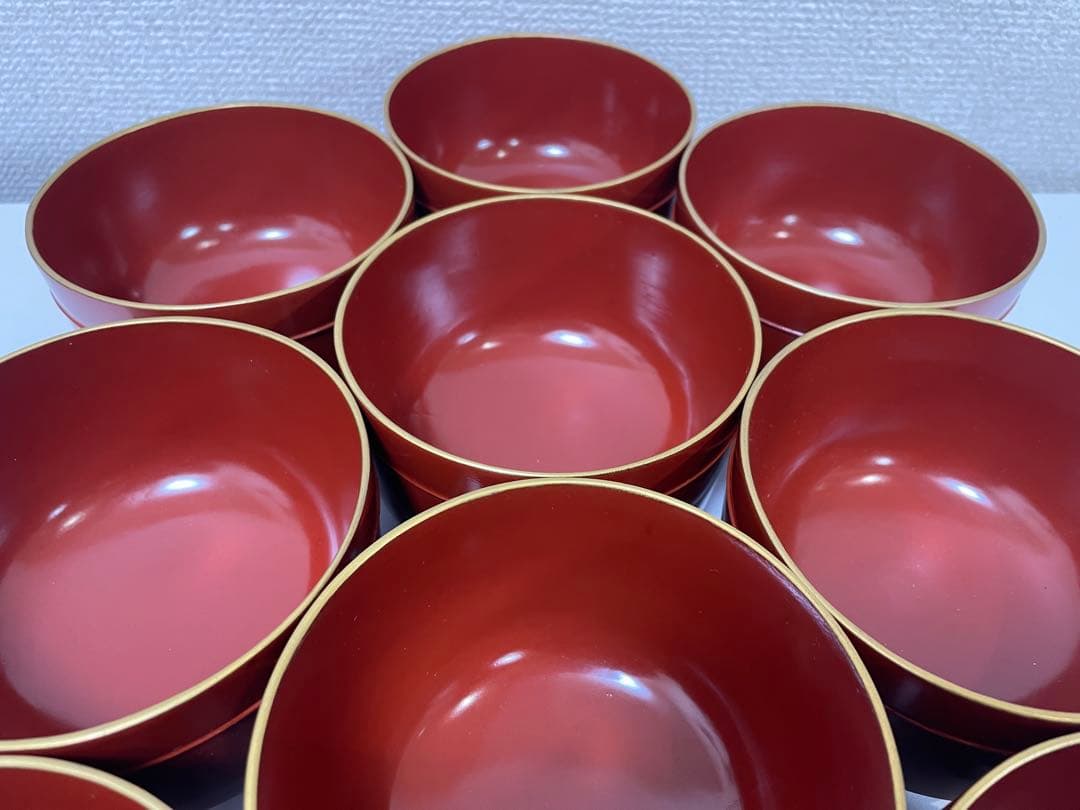 【現状品】漆器 輪島塗 金彩 朱塗 底黒塗 蓋付き椀 割烹 煮物椀 10個 ①