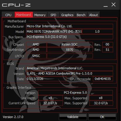 動作確認済 MSI X870 TOMAHAWK WIFI