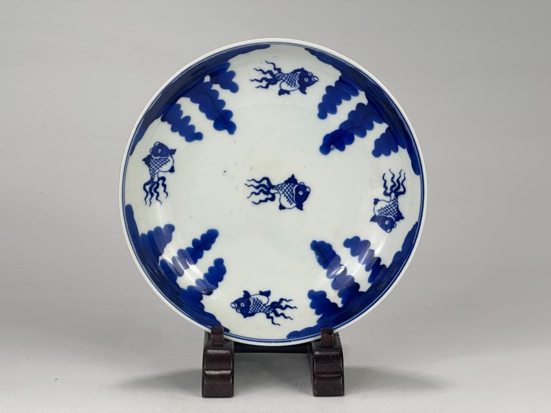 中国美術　清朝　清時代　青花　金魚文　時代物　皿　盤　一対　古物　唐物
