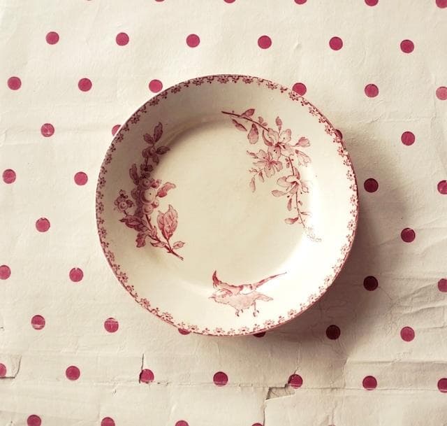 1890s サルグミンヌ 薔薇色の小鳥と実とプレート フランス アンティーク