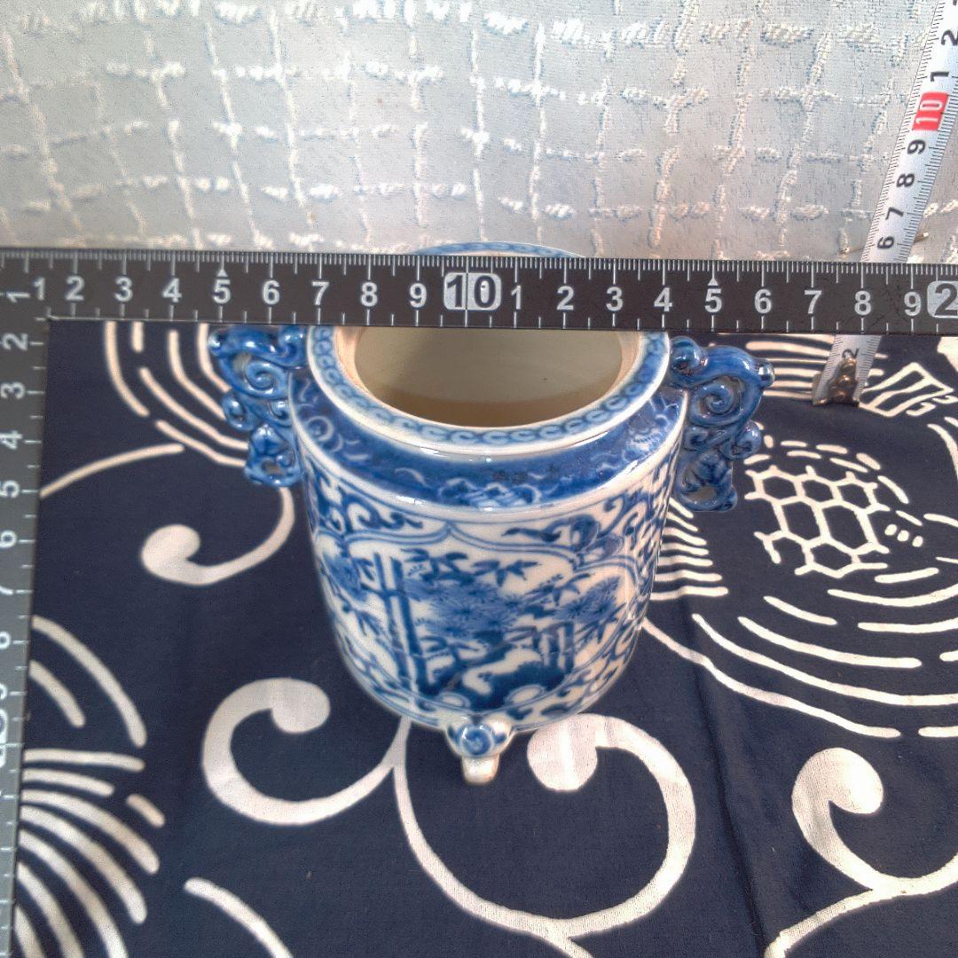 骨董２ 香炉 フタ無し青白磁 花柄装飾 花器