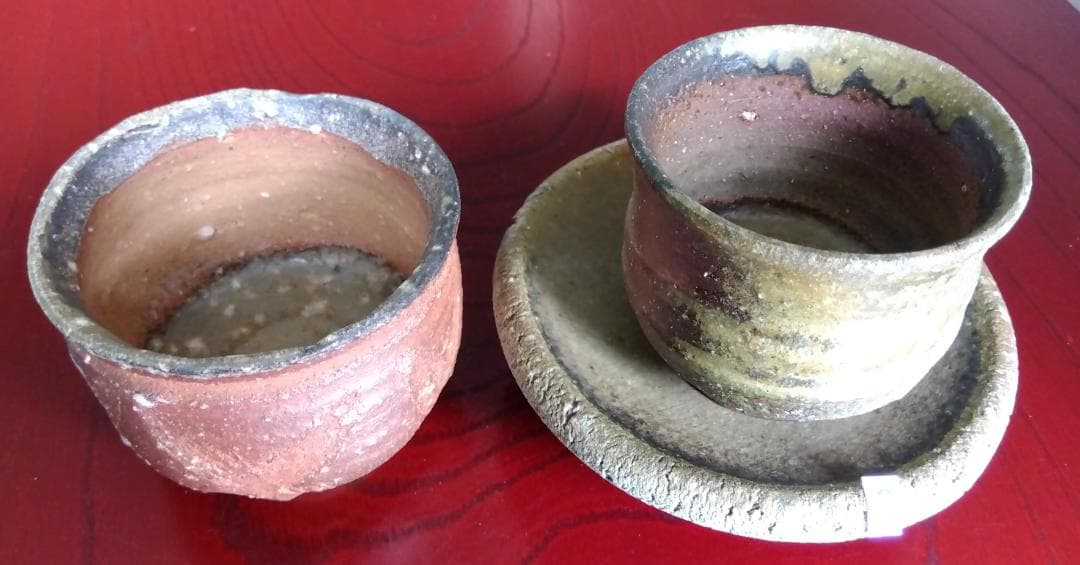 越前焼名工　白越不朝　塩越窯　自然灰釉究極美逸品ぐい呑湯呑み3種茶托セットNo2