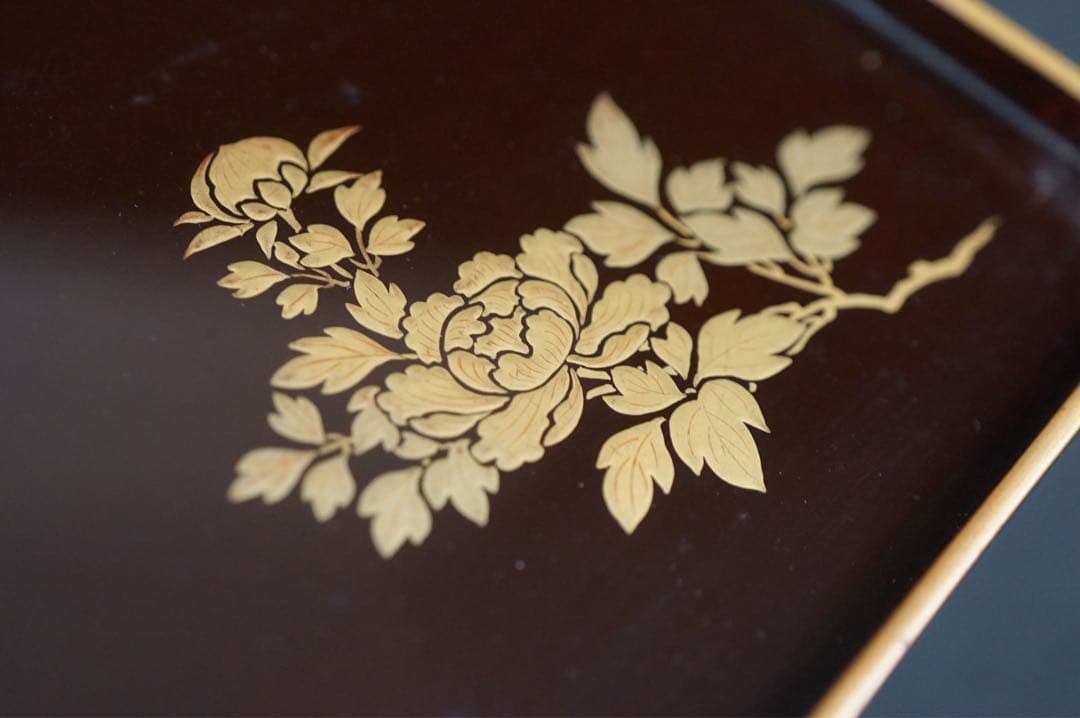 木製漆器 草花 絵変蒔絵 吸物膳 6客 足付 四方膳 時代物 小ぶり