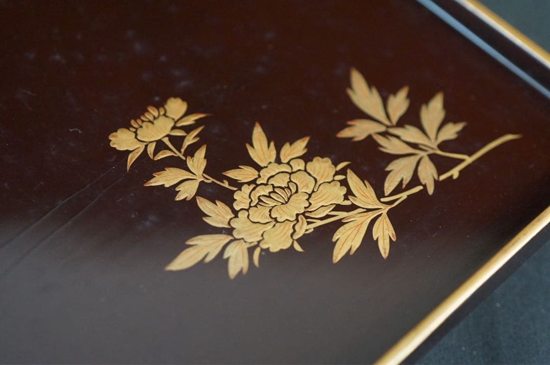 木製漆器 草花 絵変蒔絵 吸物膳 6客 足付 四方膳 時代物 小ぶり