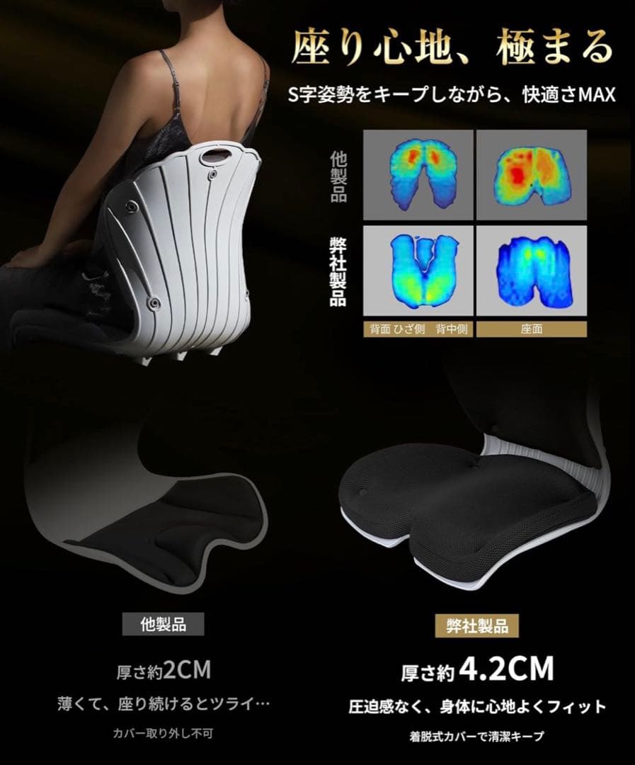 腰の神様かくれた特等席⭐️姿勢サポートチェア 椅子 腰痛対策 クッション付き 黒
