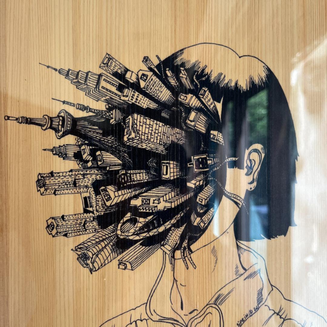 線画アート作品 都市と人間の融合