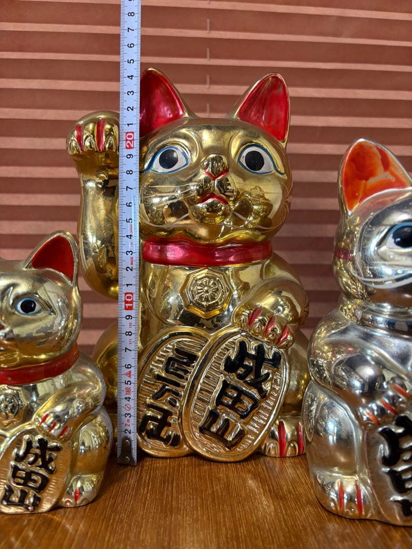 招き猫　貯金箱　成田山　小判持ち猫　金　大中小　3点　レトロ　古い　縁起物